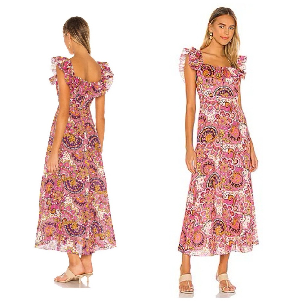 Zimmermann Fiesta Ruffle Midi Dress Size 8 Paisley Floral Linen Purple Pink - Picture 1 of 9